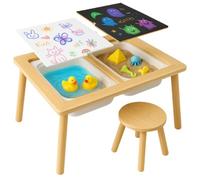 KRUZZEL Tavolo Sensoriale in Legno di Faggio XL con 2 Vaschette Rimovibili & Piano Reversibile Bianco/Lavagna, Set con Sedia - Per sabbia, acqua, disegno e costruzioni - Bambini 3 51,5×52×72 cm