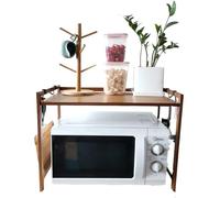KRXSOBNV, Supporto for forno a microonde in bambù a 2 strati in legno di bambù, ripiano regolabile for cucina con 4 ganci e supporto for tagliere ,Cremagliera per forno a microonde