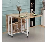 KRXSOBNV, Tavolo da pranzo pieghevole salvaspazio, tavolo da pranzo a ribalta con ruote bloccabili, tavolo da pranzo allungabile con ripiano a 2 strati ，Tavolo da pranzo pieghevole(Wood white Shelf,12