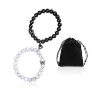 KRYMSON 1 paio di bracciali con corona + 1 custodia portaoggetti, braccialetto magnetico nero e bianco, braccialetto con perle naturali, adatto come regalo per coppia per ragazzi e ragazze