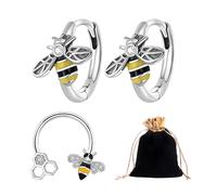 KRYMSON 1 paio di orecchini a forma di api, 1 anello da naso in stile api, 1 custodia portaoggetti, orecchini a cerchio in argento Sterling, orecchini a cerchio da donna, orecchini a cerchio in