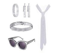 KRYMSON 1 tuta con paillettes performance, accessori di abbigliamento scintillanti, tute con paillettes argentate, occhiali, orecchini, fascia, braccialetto, sciarpa, accessori di scena da discoteca