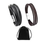 KRYMSON 2 bracciali in pelle con fibbie in acciaio inox, 1 sacchetto di velluto, bracciali da uomo in tessuto, accessori personalizzati, design creativo unico (nero, marrone)