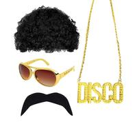 KRYMSON 4 pezzi abbigliamento hippie, anni '70, abbigliamento hippie, uomo, parrucca baffi, occhiali da sole per carnevale, festival musicali e feste