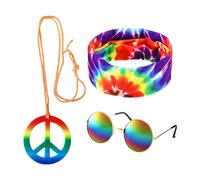 KRYMSON Abbigliamento hippie, 3 pezzi, occhiali da sole pop, bandana batik, ciondolo a forma di peace, stile retrò, abbigliamento alla moda, unisex, per la notte (colorato), Multicolore, Taglia unica