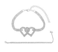 KRYMSON Cavigliera in 2 pezzi, cavigliere argentate, cavigliere con diamanti scintillanti, cavigliere da donna, cavigliere a forma di cuore, 22,2+9,1 cm