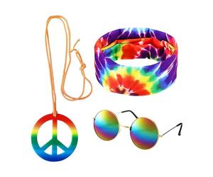 KRYMSON Set di 3 accessori hippie, occhiali da sole pop, bandana batik, ciondolo simbolo della pace, outfit stile disco retrò, accessori di moda unisex per la sera (multicolore)