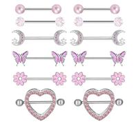 KRYMSON Set di piercing per capezzoli, 12 pezzi, per donne, per capezzoli, piercing finti, piercing per lingua, piercing in acciaio inox (rosa), Acciaio inossidabile
