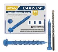 Krysay 72 viti per calcestruzzo da 1/4 x 2-3/4" con punte da trapano, viti per muratura per kit assortimento di calcestruzzo, viti e tasselli a testa esagonale, punta diamantata, rivestimento blu (0,9