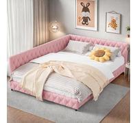 KRYZOR Lettino imbottito per bambini, 140 x 200 cm, con illuminazione a LED, divano letto per 2 persone, piccolo con USB e tipo C, letto giornaliero, divano con rete a doghe, Teddy Velvet (rosa, 140 x