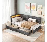 KRYZOR Lettino imbottito per bambini, 90 x 200 cm, con 2 cassetti, letto singolo, allungabile con testiera a LED e USB, letto estraibile, letto per ragazzi con rete a doghe, in lino (grigio, 90 x 200