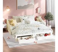 KRYZOR Lettino imbottito per bambini, 90 x 200 cm, con 2 cassetti, letto singolo, estraibile, con testiera a LED e USB, letto estraibile, letto per ragazzi con rete a doghe, in lino (bianco (a), 90 x