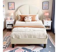 KRYZOR Lettino imbottito per bambini, 90 x 200 cm, con 2 cassetti, letto singolo, estraibile, con testiera a LED e USB, letto estraibile con rete a doghe, in lino (beige, 90 x 200 cm)