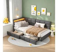 KRYZOR Lettino imbottito per bambini, 90 x 200 cm, con 2 cassetti, letto singolo, estraibile, con testiera a LED e USB, letto estraibile, letto per ragazzi con rete a doghe, lino (grigio (a), 90 x 200