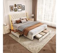 KRYZOR Letto 140 x 200 a LED con 3 cassetti grandi, letto matrimoniale imbottito 140 x 200 cm con doghe e spazio di archiviazione, letti 2 persone, per adulti, adolescenti, velluto, beige (beige, 140