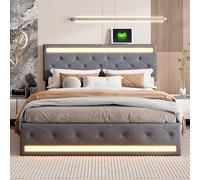 KRYZOR Letto 140 x 200 con rete a LED e USB, letto matrimoniale imbottito con rete a doghe, letti baule 140 x 200 con 4 cassetti, letti cassetti per adulti e adolescenti, tessuto lino (140 x 200 cm)