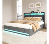 KRYZOR Letto 140 x 200 con rete LED e USB, telaio letto matrimoniale imbottito con 4 cassetti, testiera con contenitore, 2 persone per adulti e adolescenti, lino (grigio, 140 x 200 cm)
