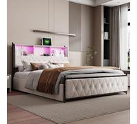 KRYZOR Letto 160 x 200 con rete LED e USB, telaio letto matrimoniale imbottito con 4 cassetti, testiera con 2 persone per adulti e adolescenti, velluto (beige, 160 x 200 cm)