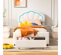 KRYZOR Letto 90 x 200 con rete e stoccaggio, letto per bambini imbottito 90 x 200 con 1 cassetti, letti baule con testiera di lettini a petali, letti imbottiti con illuminazione a LED (90 x 200 cm)