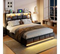 KRYZOR Letto baule 140 x 200 a LED, letto matrimoniale imbottito con LED e porta USB, ripiani aperti e portaoggetti nascosto a testata del letto, 2 persone per adulti e adolescenti, PU, nero (nero