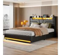 KRYZOR Letto baule 140 x 200 cm con LED e multipresa, letto matrimoniale imbottito con testiera per letti, 2 persone con rete a doghe per adulti e adolescenti, nero PU,140 x 200 cm