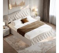 KRYZOR Letto baule 140 x 200 cm con portaoggetti sotto letti, letto matrimoniale imbottito con rete a listelli, design rivetto, telaio per letti per adulti e adolescenti, velluto (beige, 140 x 200 cm)