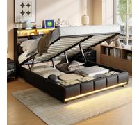 KRYZOR Letto baule 160 x 200 a LED, letto matrimoniale imbottito con LED e porta USB, ripiani aperti e portaoggetti nascosto a testata del letto, 2 persone per adulti e adolescenti, PU, nero (nero