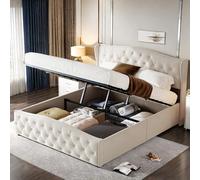 KRYZOR Letto baule 160 x 200 cm con portaoggetti sotto letti, letto matrimoniale imbottito con rete a listelli, design rivetto, telaio per letti per adulti e adolescenti, velluto (beige, 160 x 200 cm)