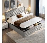 KRYZOR Letto baule 160 x 200 cm con portaoggetti sotto letti, letto matrimoniale imbottito con rete a listelli, design rivetto, telaio per letti per adulti e adolescenti, velluto (grigio, 160 x 200 cm