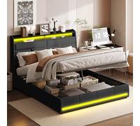 KRYZOR Letto baule 160 x 200 cm, letto matrimoniale imbottito con testiera a LED e spazio di archiviazione, rete a listelli, letti matrimoniali per adulti, PU (nero, 160 x 200 cm)