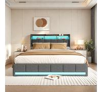 KRYZOR Letto con ripostiglio 4 cassetti, letto matrimoniale imbottito 160 x 200 cm, con illuminazione a LED e presa USB, letto per adulti con rete a doghe, testiera multifunzione, lino (grigio, 160 x