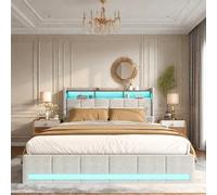 KRYZOR Letto con vano portaoggetti con 4 cassetti, letto matrimoniale imbottito, 140 x 200 cm, con illuminazione a LED e presa USB, letto per adulti con rete a doghe, testiera multifunzione, lino