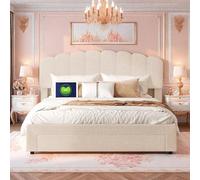 KRYZOR Letto con vano portaoggetti, letto matrimoniale 140 x 200 cm, letto 140 x 200 cm, con cassetti e USB, letto imbottito con rete a doghe, telaio in metallo, testiera regolabile, in velluto Teddy
