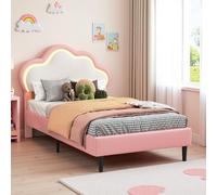 KRYZOR Letto da bambina 90 x 200 con rete, letto singolo imbottito 90 x 200 con illuminazione a LED, motivo principessa, letti da ragazza con testiera imbottita regolabile, letti singoli imbottiti