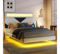 KRYZOR Letto galleggiante, letto matrimoniale imbottito, 160 x 200 cm, con illuminazione a LED e USB, telaio letto con rete a doghe in legno, letti matrimoniali, effetto galleggiante, velluto (beige +
