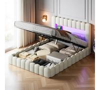 KRYZOR Letto imbottito 140 x 200 cm, con cassetti e testiera, letto matrimoniale con USB e LED, struttura del letto con rete a doghe, senza materasso, lino, beige (beige, 140 x 200 cm)