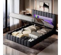 KRYZOR Letto imbottito 140 x 200 cm, con cassetti e testiera, letto matrimoniale con USB e LED, struttura del letto con rete a doghe, senza materasso, lino, beige (grigio, 140 x 200 cm)