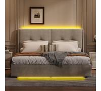 KRYZOR Letto imbottito 140 x 200 cm con contenitore, letto matrimoniale 160x200 baule con LED,Spazio utile,Letto Idraulico con Rete a Doghe e Telaio in Metallo, Senza Materasso (Beige, 140x200 cm)