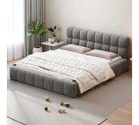 KRYZOR Letto imbottito 140 x 200 cm, letto a bolle, letto matrimoniale con testiera imbottita, struttura del letto con rete a doghe e testiera, letto per ragazzi piano, con schienale morbido, lino