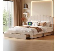 KRYZOR Letto imbottito 140 x 200 cm, letto da ragazza con cassetti, struttura per letto per ragazze, letto con porta USB e tipo C, letto matrimoniale con testiera regolabile, letto per ragazzi, beige