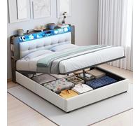 KRYZOR Letto imbottito 140 x 200 cm, letto matrimoniale cassettone con illuminazione a LED e multipresa, testiera per letti, letti 140 x 200 con rete, per adolescenti, adulti (140 x 200)