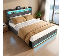 KRYZOR Letto imbottito 140 x 200 cm, letto matrimoniale con LED, letto con porta USB e Type-C, letto funzionale con 4 cassetti, letto con rete a doghe, letto per ragazzi e ragazzi, Linen, grigio