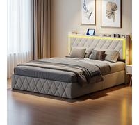 KRYZOR Letto imbottito 140 x 200 cm, letto matrimoniale con LED, letto idraulico con USB e Type-C, letto funzionale, struttura del letto con spazio e rete a doghe, per ragazzi e ragazzi, in velluto