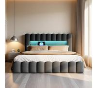 KRYZOR Letto imbottito 160 x 200 cm con contenitore, letto matrimoniale con LED e USB, Idraulico Con Rete a Doghe e Telaio in Metallo, Senza Materasso, Lino (Grigio, 160x200 cm)