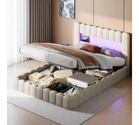 KRYZOR Letto imbottito 180 x 200 cm con contenitore, letto matrimoniale con LED e USB, Idraulico Con Rete a Doghe e Telaio in Metallo, Senza Materasso, Lino (Beige, 180x200 cm)