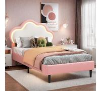 KRYZOR Letto imbottito 90 x 200 cm, letto per bambini con LED, letto singolo imbottito con rete a doghe in legno, telaio letto per ragazze, letto con testiera regolabile, letto per ragazzi, rosa (rosa