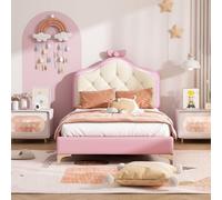 KRYZOR Letto imbottito 90 x 200 con rete, letto per bambini 90 x 200 con illuminazione a LED, motivo principessa, letti da ragazza con testiera a petali con corona, letti singoli imbottiti (rosa/c, 90