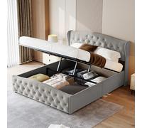 KRYZOR Letto imbottito idraulico 160 x 200 cm con testiera di linea d'onda e rete a doghe, Letto matrimoniale modernocon cuciture a bottone, di rivetti, Velluto, Grigio (Grigio, 160 x 200 cm)