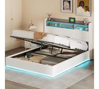 KRYZOR Letto Imbottito Matrimoniale 140x200 cm Con USB e Type C, testiera con a LED e spazio, Letto con Contenitore e Doghe in Legn, moderno, letto funzionale, velluto, Bianco (140x200 cm)