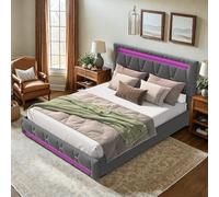 KRYZOR Letto matrimoniale 140 x 200 a LED, imbottito testiera regolabile, telaio letto imbottito con 4 cassetti, rete a doghe per adolescenti, adulti, tessuto lino (140 x 200 cm)